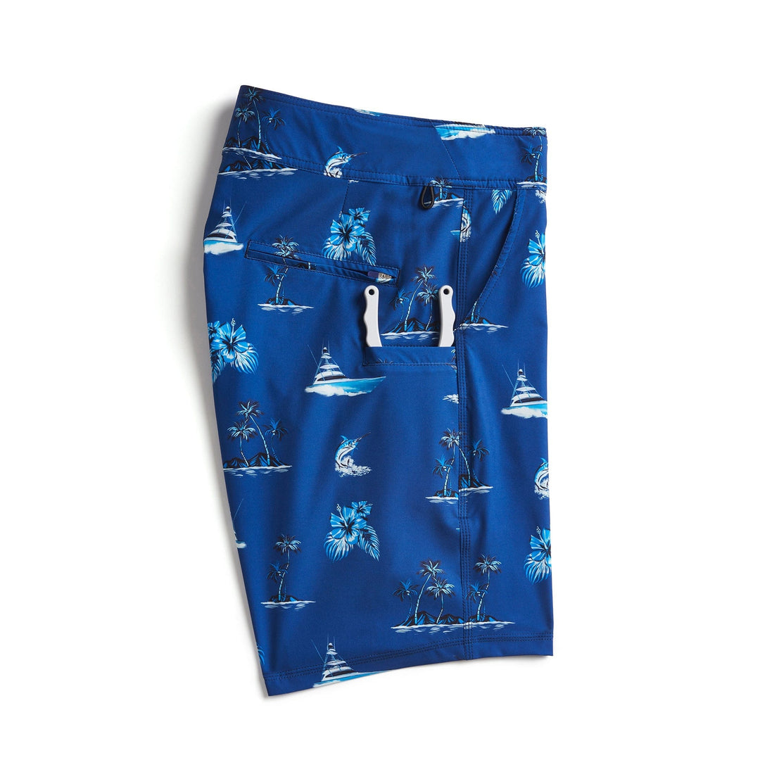 Marine blue Sporty First Mates Boardshorts by Scalesgear.com with a fitted waistband and quick-dry fabric, shown on a model.
