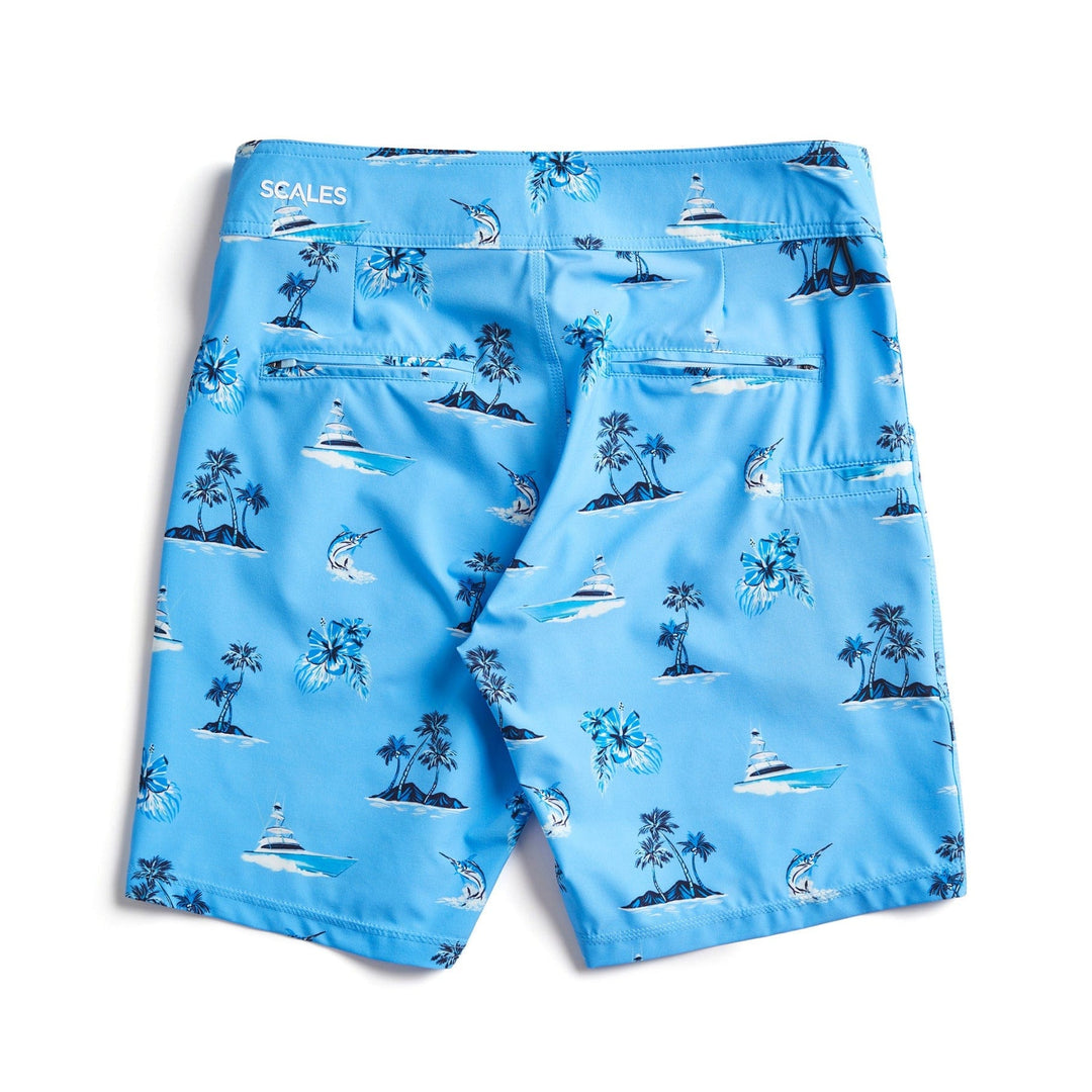 Sporty First Mates Boardshorts by Scalesgear with vibrant marine-inspired print and adjustable waistband for active beachwear.