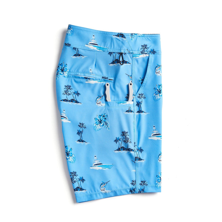 Sporty First Mates Boardshorts by Scalesgear featuring a colorful maritime print and quick-dry fabric for beach or poolside wear.