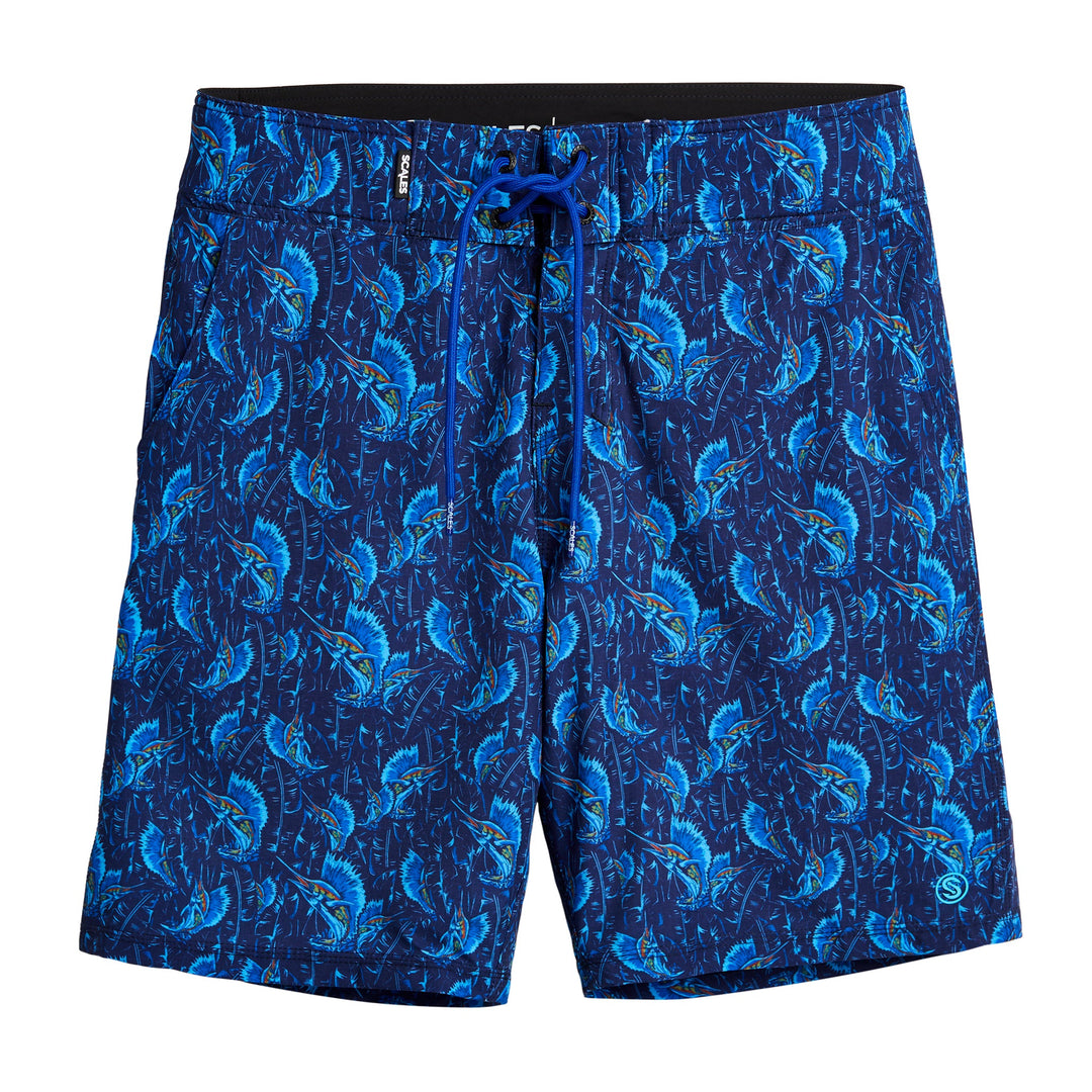 Navy Dancing Sail First Mates Boardshorts by Scalesgear.com with a sailboat design, w30 length, lightweight and comfortable for beachwear
