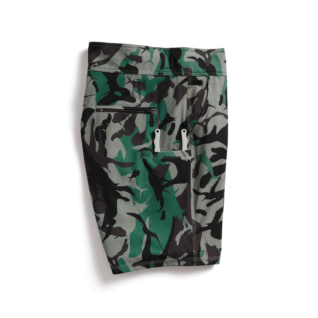 Tan camouflage Frigate Camo First Mates Boardshorts by Scalesgear.com, featuring a lightweight, quick-drying design with a comfortable fit.