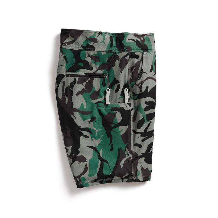 Tan camouflage Frigate Camo First Mates Boardshorts by Scalesgear.com, featuring a lightweight, quick-drying design with a comfortable fit.