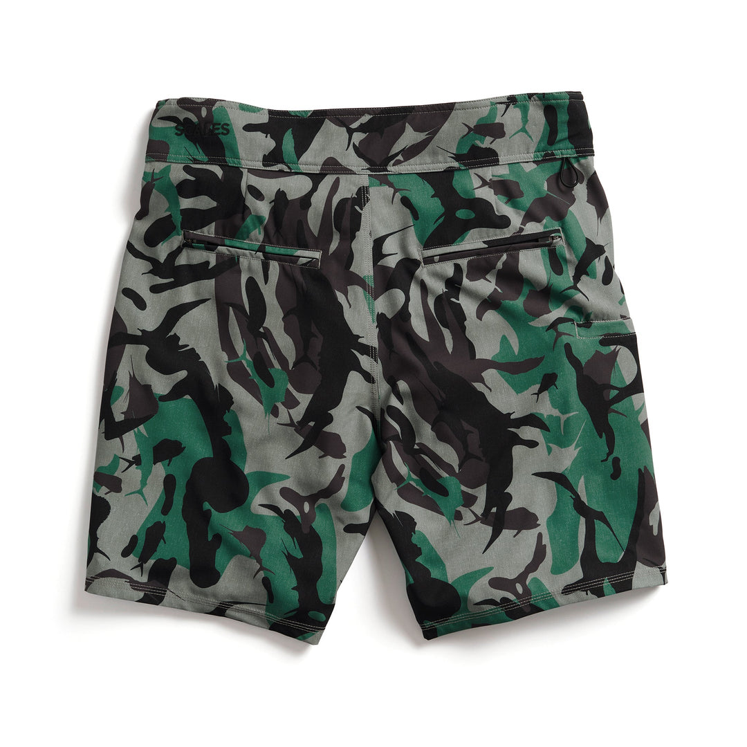 Tan camouflage Scalesgear First Mates Boardshorts with a comfortable, sporty design ideal for water activities.