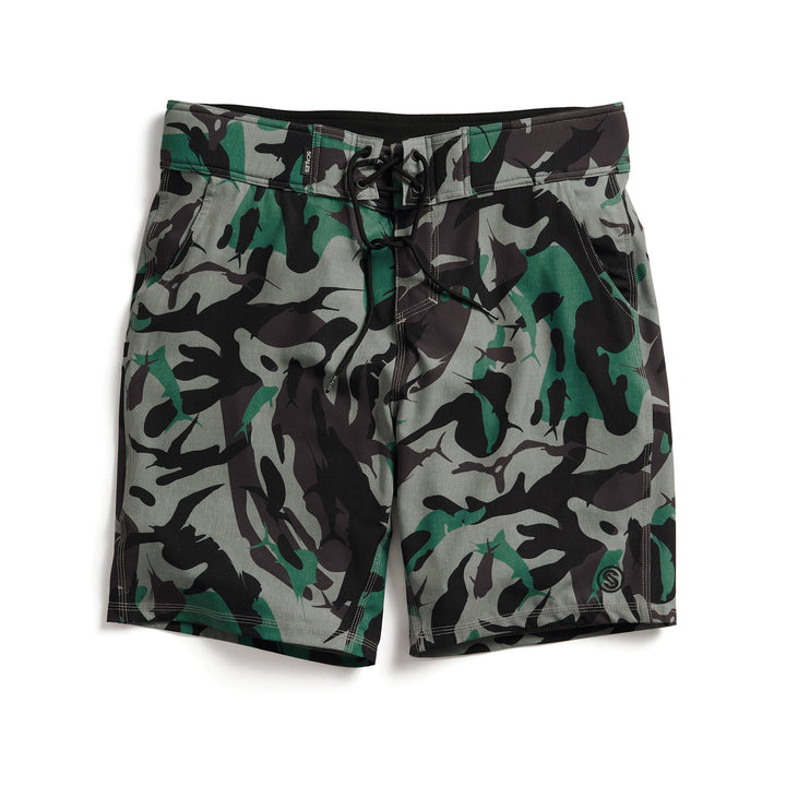 Tan camouflage Frigate Camo First Mates Boardshorts by Scalesgear.com, showing the patterned swimwear laid flat.