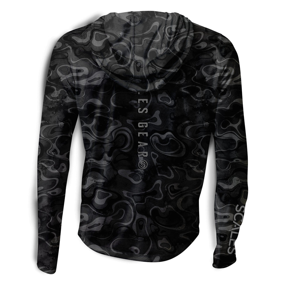 Black Scalesgear Topo Hooded Performance long sleeve shirt with a fitted hood and athletic design, ideal for active wear.