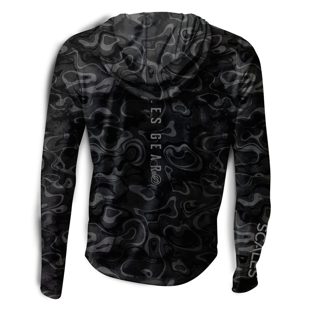 Black Scalesgear Topo Hooded Performance long sleeve shirt with a fitted hood and athletic design, ideal for active wear.