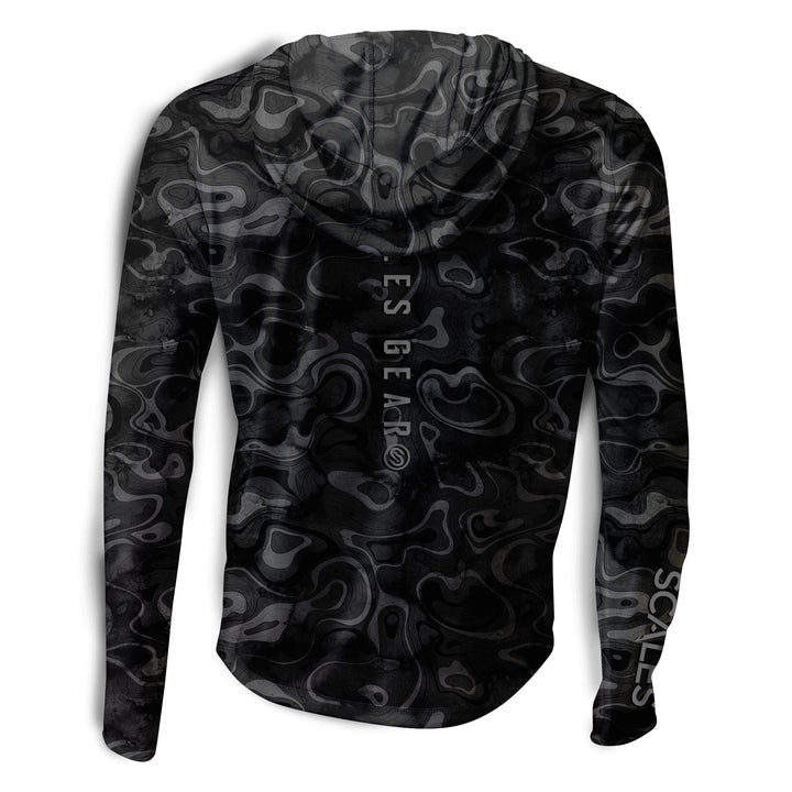 Black Scalesgear Topo Hooded Performance long sleeve shirt with a fitted hood and athletic design, ideal for active wear.