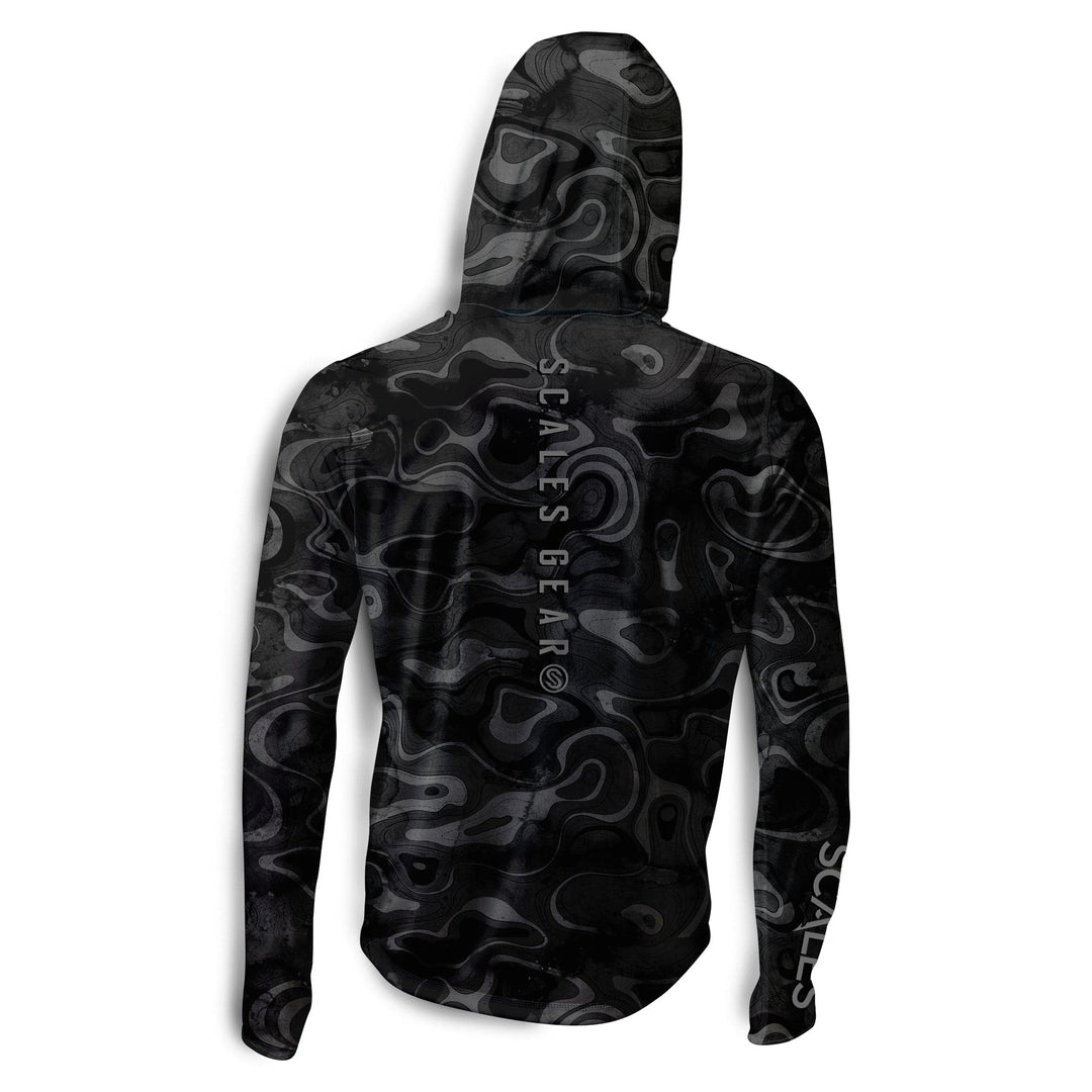 Black Scalesgear Topo Hooded Performance Long Sleeve shirt with a performance-fit, featuring a hood and long sleeves.