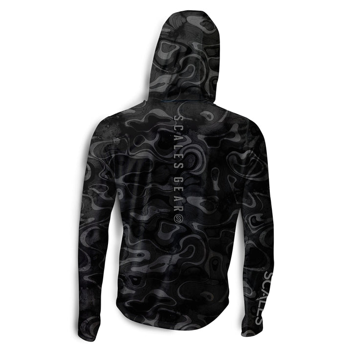 Black Scalesgear Topo Hooded Performance Long Sleeve shirt with a performance-fit, featuring a hood and long sleeves.