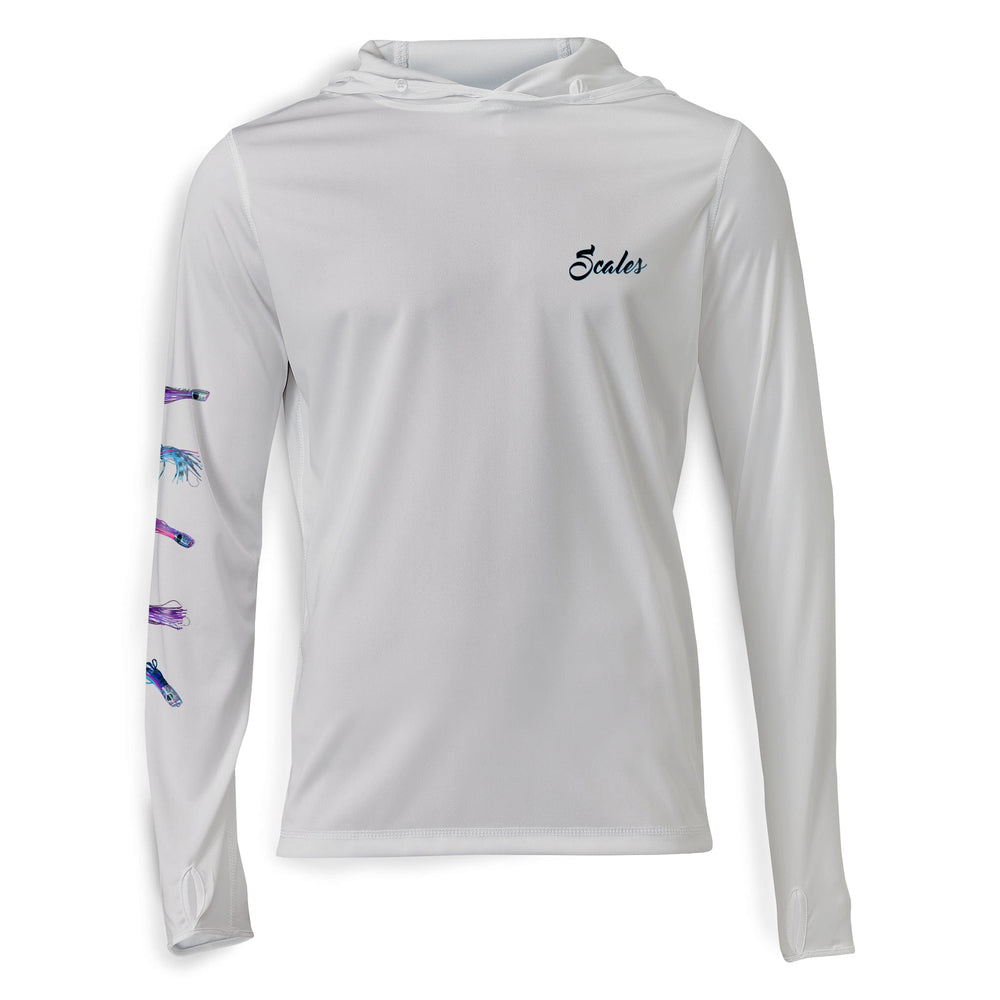 Grey Chasing Skirts Hooded Performance long sleeve top by Scalesgear.com, featuring a hood and athletic fit for active wear.