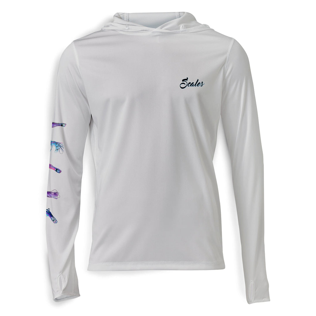 Grey Chasing Skirts Hooded Performance long sleeve top by Scalesgear.com, featuring a hood and athletic fit for active wear.