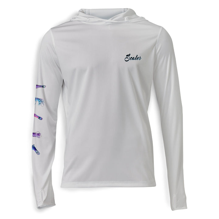 Grey Chasing Skirts Hooded Performance long sleeve top by Scalesgear.com, featuring a hood and athletic fit for active wear.