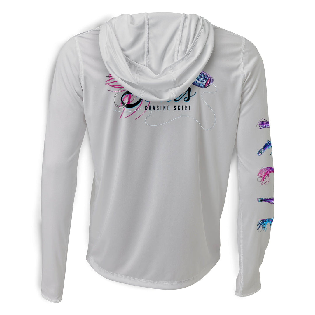 Grey Scalesgear.com Chasing Skirts hooded performance long sleeve shirt, featuring a hood and long sleeves for active wear.