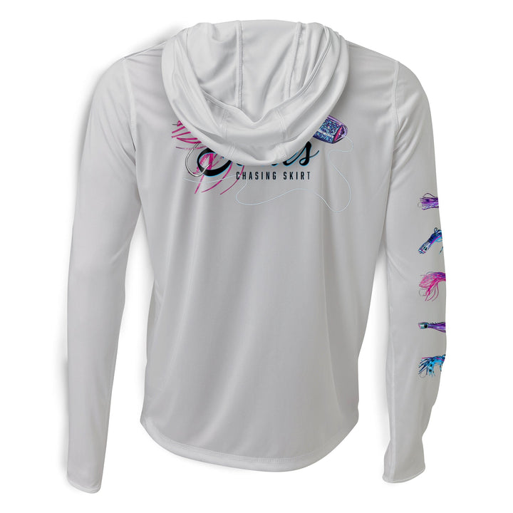 Grey Scalesgear.com Chasing Skirts hooded performance long sleeve shirt, featuring a hood and long sleeves for active wear.
