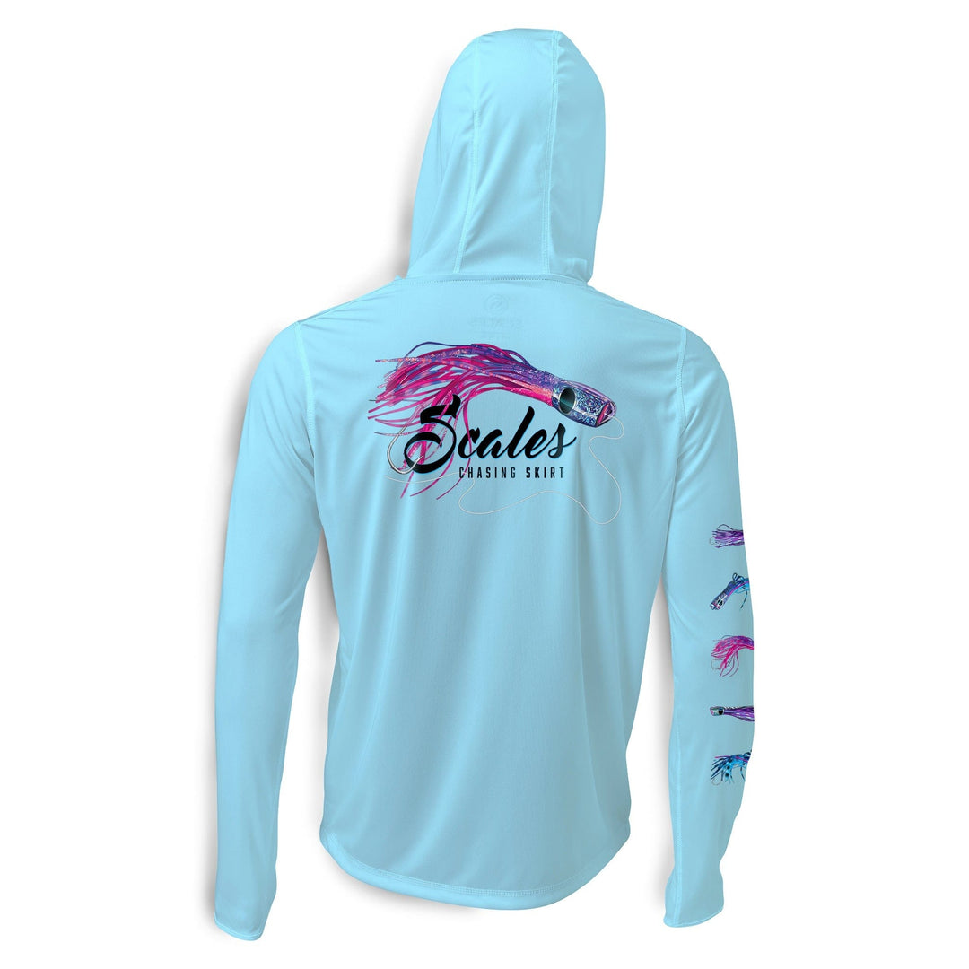 Light blue hooded long sleeve performance skirt from Scalesgear.com, featuring a sleek, athletic design with a fitted silhouette.