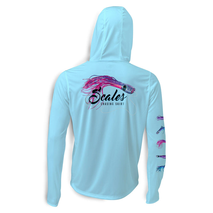 Light blue hooded long sleeve performance skirt from Scalesgear.com, featuring a sleek, athletic design with a fitted silhouette.