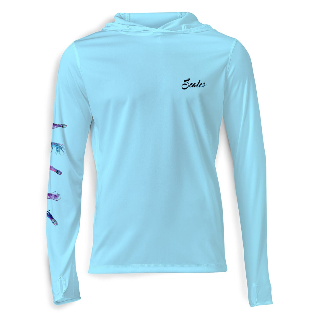 Light blue hooded long sleeve performance skirt from Chasing Skirts designed by Scalesgear.com, featuring a sleek athletic fit.