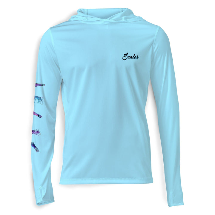 Light blue hooded long sleeve performance skirt from Chasing Skirts designed by Scalesgear.com, featuring a sleek athletic fit.