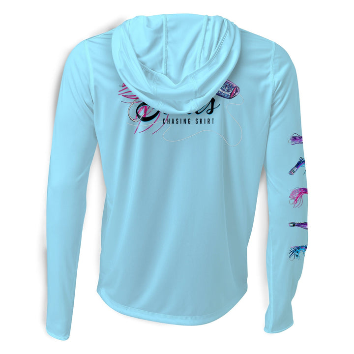 Light blue hooded long sleeve performance skirt from Scalesgear.com featuring a fitted design and athletic fabric for active wear.