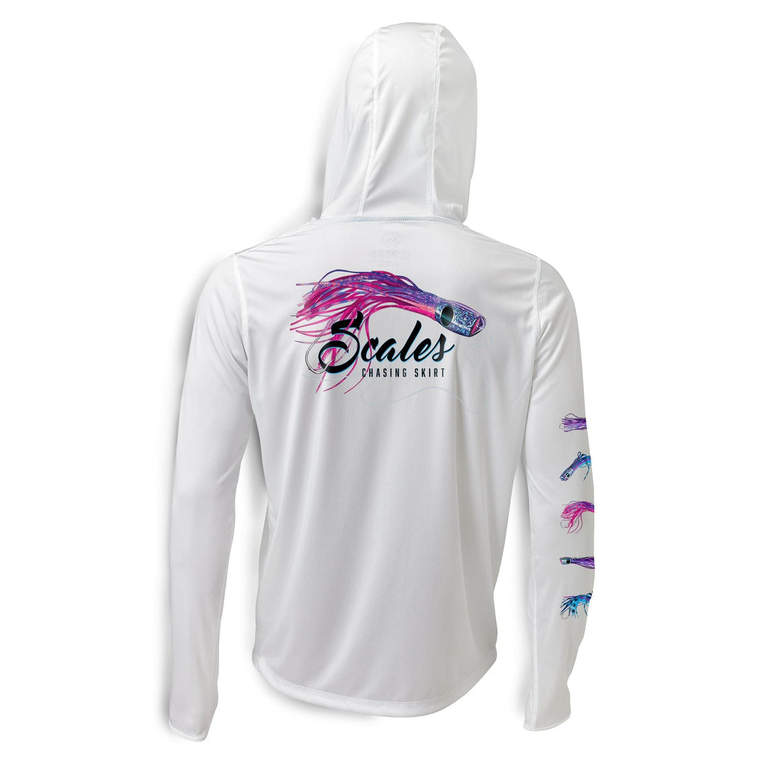 White Scalesgear.com chasing skirts hooded performance long sleeve shirt, lightweight and breathable athletic top with hood.