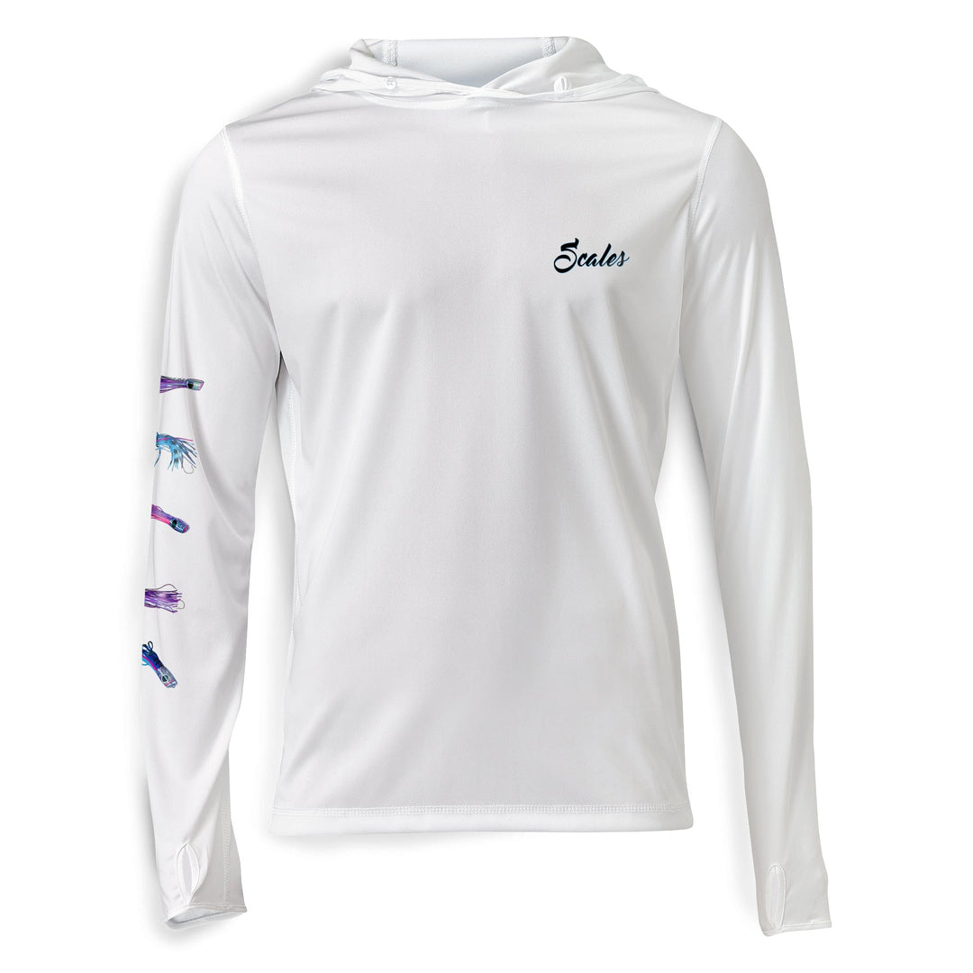 White hooded long sleeve performance skirt by Chasing Skirts, designed for active wear, featuring a sleek, athletic fit.