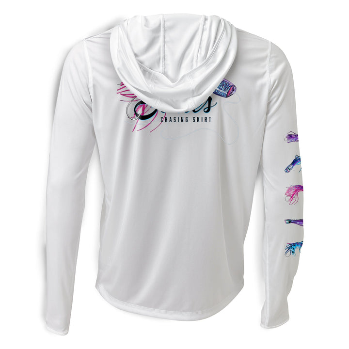 White hooded long sleeve performance skirt by Scalesgear.com, designed for active wear with a sleek, fitted look.