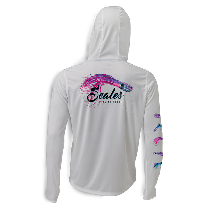 Grey Chasing Skirts Hooded Performance Long Sleeve shirt by Scalesgear.com, featuring a hood and long sleeves for active wear.