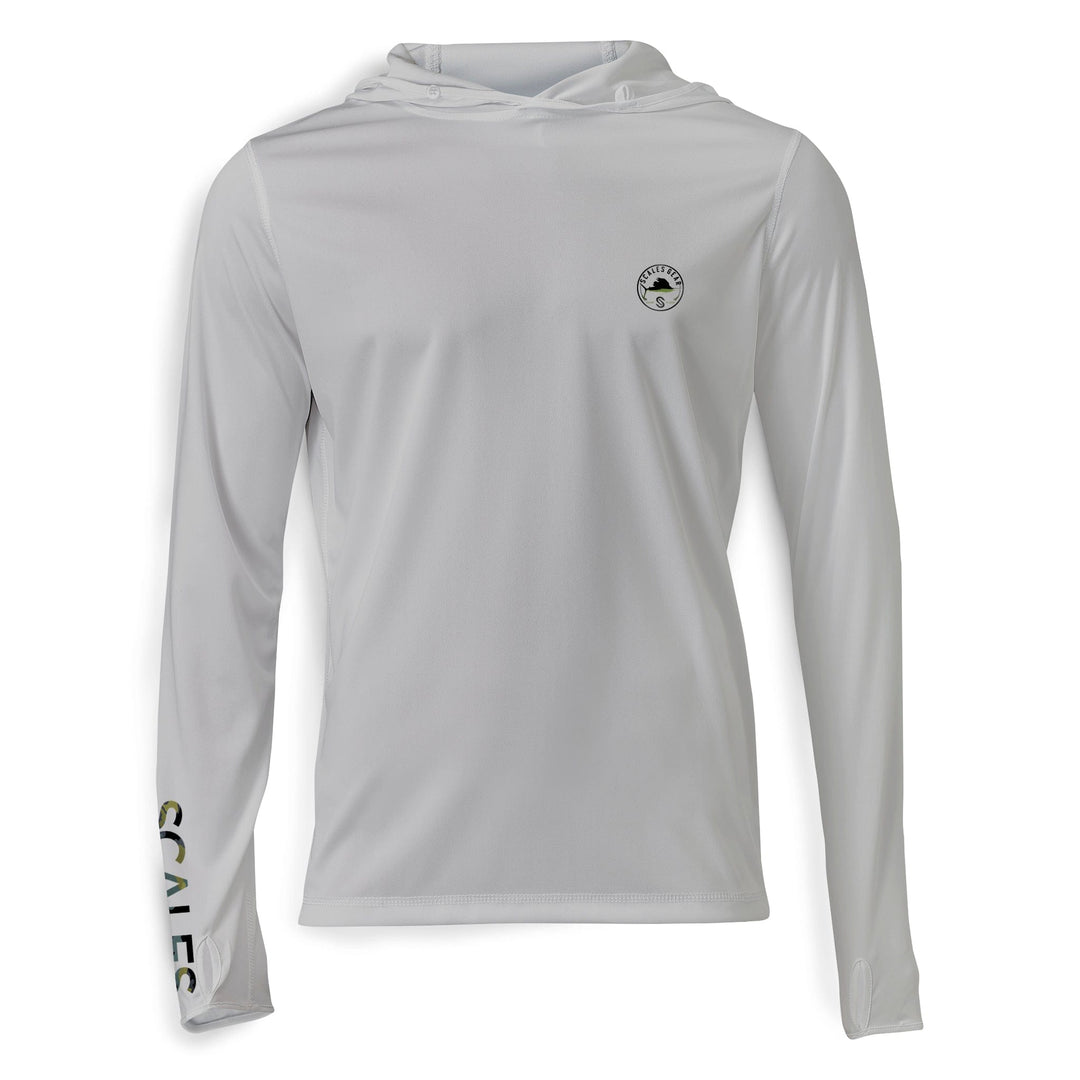 Gray Sail Camo Hooded Performance Long Sleeve shirt by Scalesgear.com, featuring a comfortable hood and performance fabric.