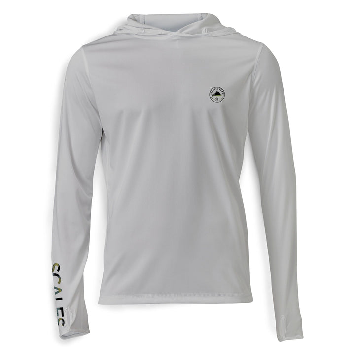 Gray Sail Camo Hooded Performance Long Sleeve shirt by Scalesgear.com, featuring a comfortable hood and performance fabric.