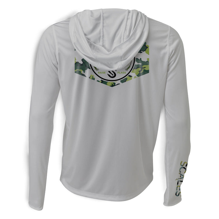 Gray Sail Camo Hooded Performance Long Sleeve shirt by Scalesgear.com, featuring a comfortable hood and long sleeves for active wear.