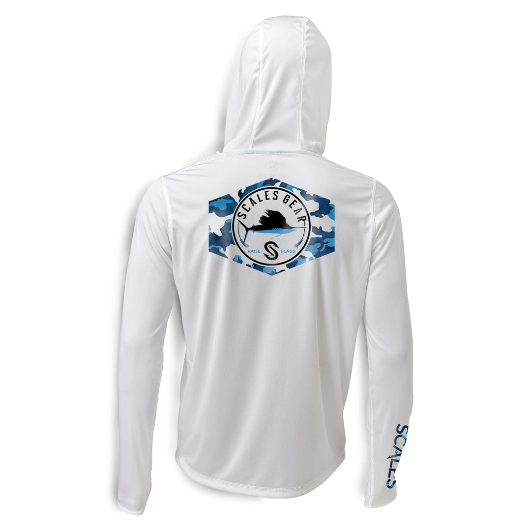 Grey Sail Camo hooded performance long sleeve shirt by Scalesgear.com, featuring a comfortable hood and camouflage pattern.