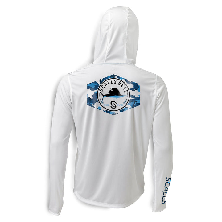 Grey Sail Camo hooded performance long sleeve shirt by Scalesgear.com, featuring a comfortable hood and camouflage pattern.