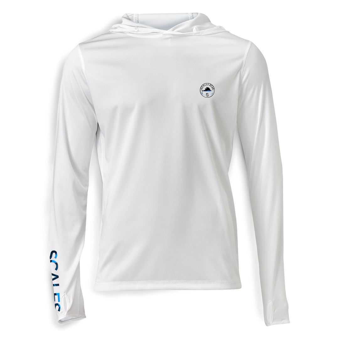 Grey Sail Camo Hooded Performance Long Sleeve shirt by Scalesgear.com, featuring a functional hood and performance fabric.