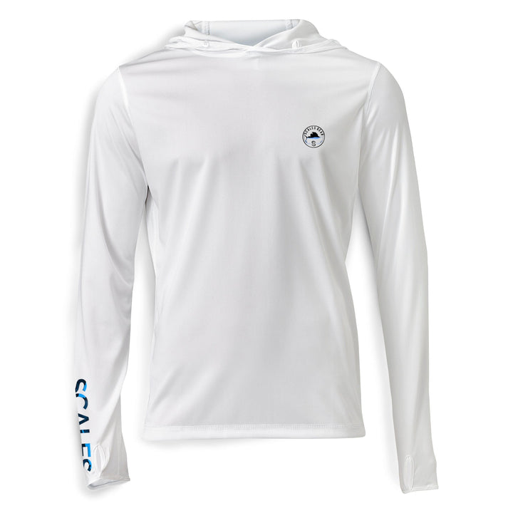 Grey Sail Camo Hooded Performance Long Sleeve shirt by Scalesgear.com, featuring a functional hood and performance fabric.