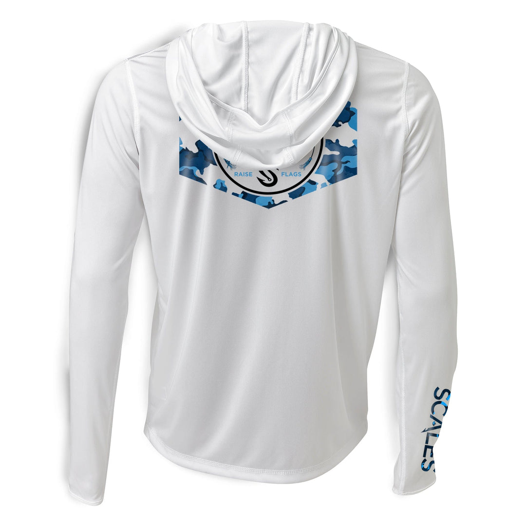 Gray Sail Camo Hooded Performance Long Sleeve shirt by Scalesgear.com, designed for active wear with camouflage pattern and hood.