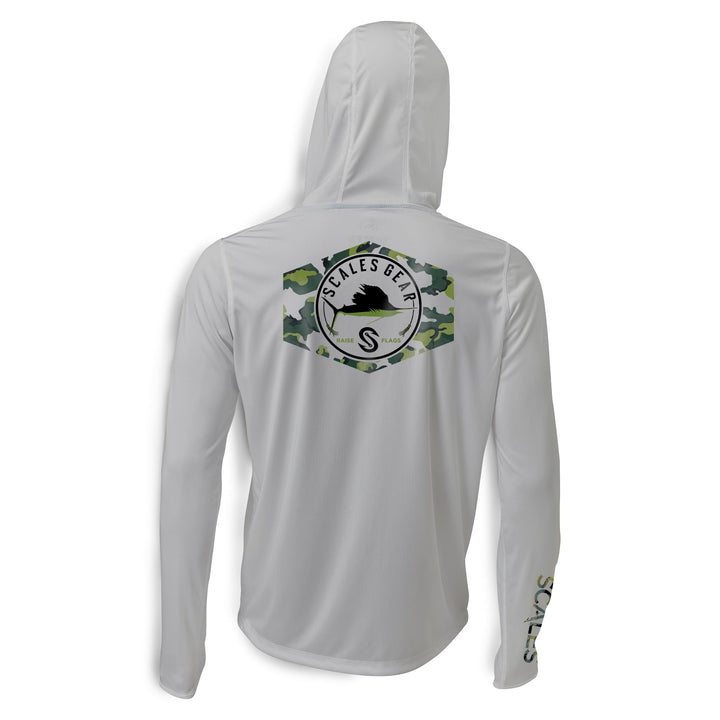 Grey Sail Camo hooded performance long sleeve shirt by Scalesgear.com, featuring a comfortable fit and performance fabric for active wear.