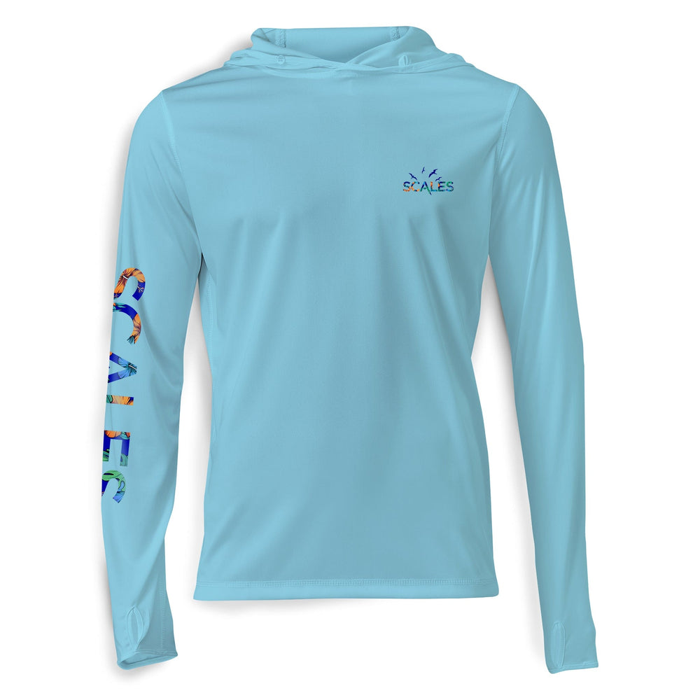 Light blue hooded long sleeve performance shirt by Scalesgear.com with a sleek fit and lightweight fabric.