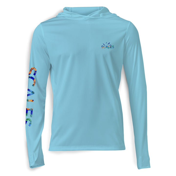 Light blue hooded long sleeve performance shirt by Scalesgear.com with a sleek fit and lightweight fabric.