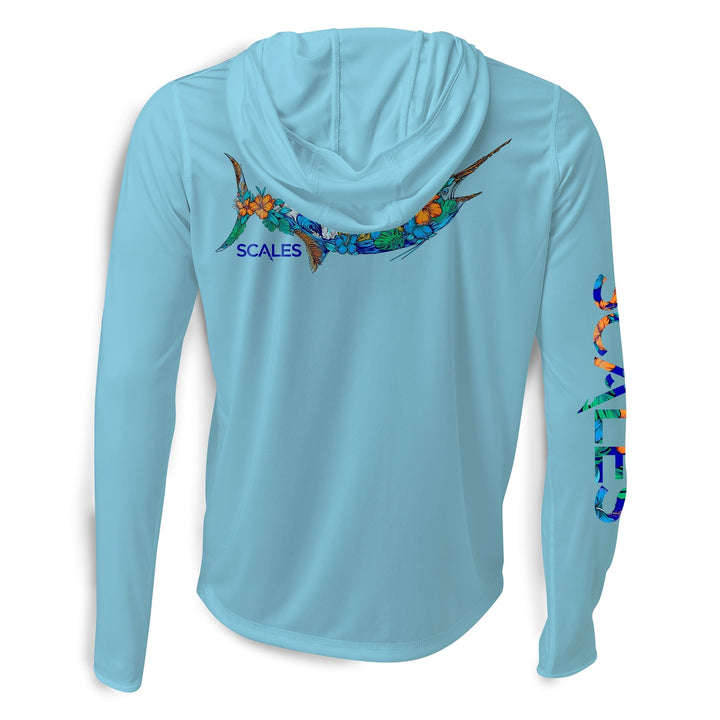 Light blue 808 Marlin hooded performance long sleeve shirt by Scalesgear.com, featuring a comfortable fit and stylish design.