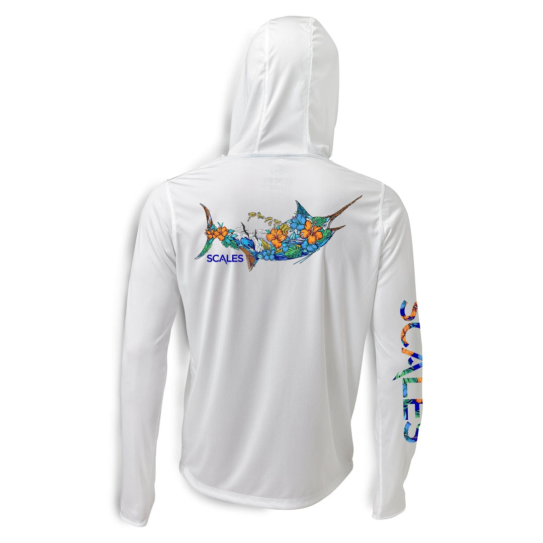 White 808 Marlin hooded long sleeve performance shirt by Scalesgear.com, featuring a hood and lightweight fabric.
