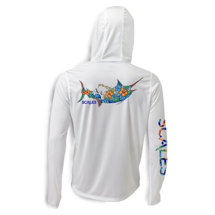 White 808 Marlin hooded long sleeve performance shirt by Scalesgear.com, featuring a hood and lightweight fabric.