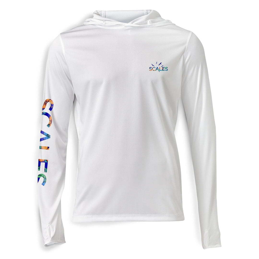 White 808 Marlin hooded long sleeve performance shirt by Scalesgear.com with a fitted design and lightweight fabric.