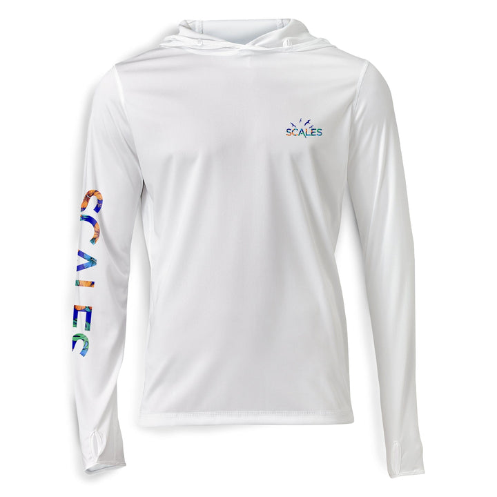 White 808 Marlin hooded long sleeve performance shirt by Scalesgear.com with a fitted design and lightweight fabric.