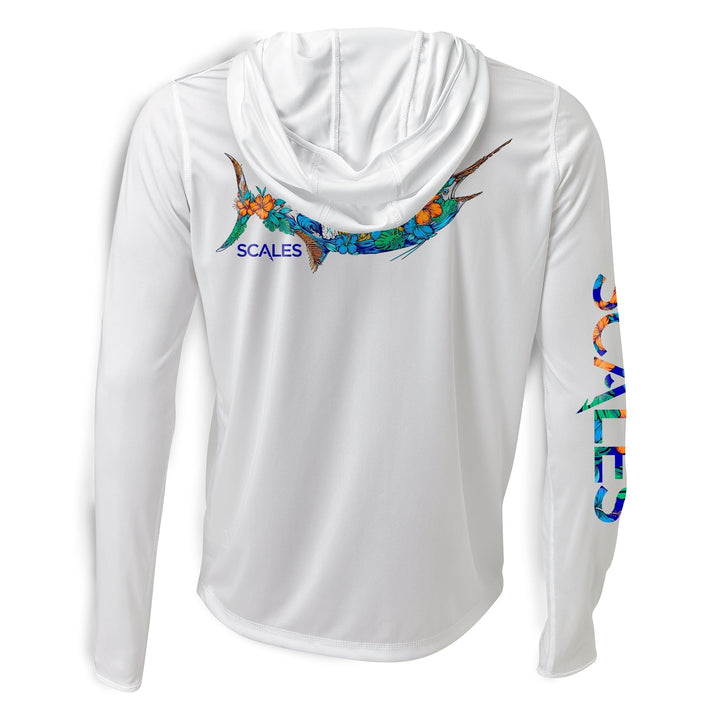 White 808 Marlin hooded performance long sleeve shirt by Scalesgear.com, featuring a comfortable fit and printed design.