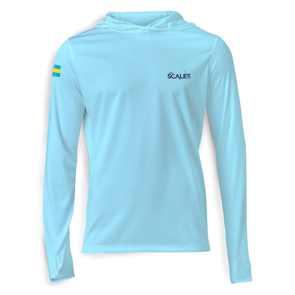 Blue hooded long sleeve performance shirt from Tuna Frenzy by Scalesgear.com, featuring lightweight fabric and athletic fit.