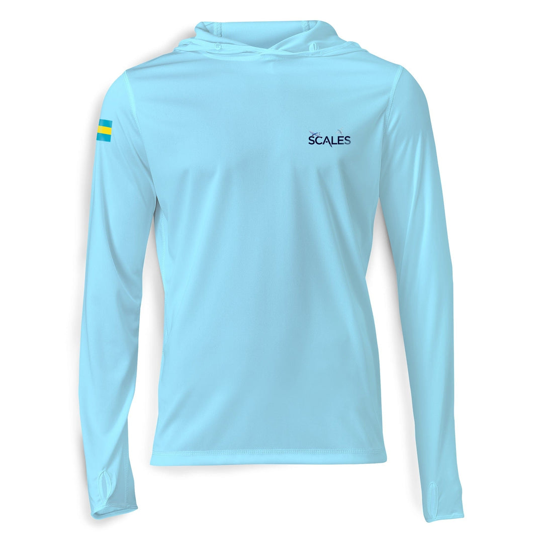 Blue hooded long sleeve performance shirt from Tuna Frenzy by Scalesgear.com, featuring lightweight fabric and athletic fit.