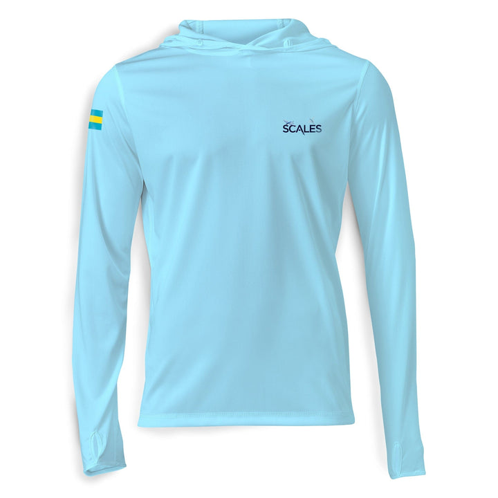 Blue hooded long sleeve performance shirt from Tuna Frenzy by Scalesgear.com, featuring lightweight fabric and athletic fit.