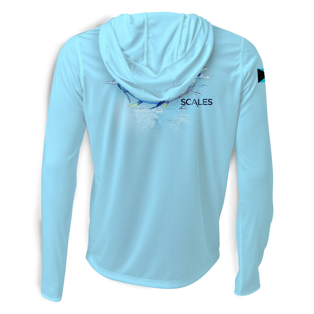 Blue hooded long sleeve performance shirt with "Tuna Frenzy" print by Scalesgear.com, designed for active fishing or outdoor wear.