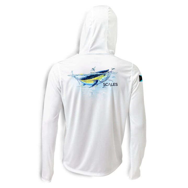 White Scalesgear Tuna Frenzy hooded long sleeve performance shirt with a hood and long sleeves, designed for active wear.