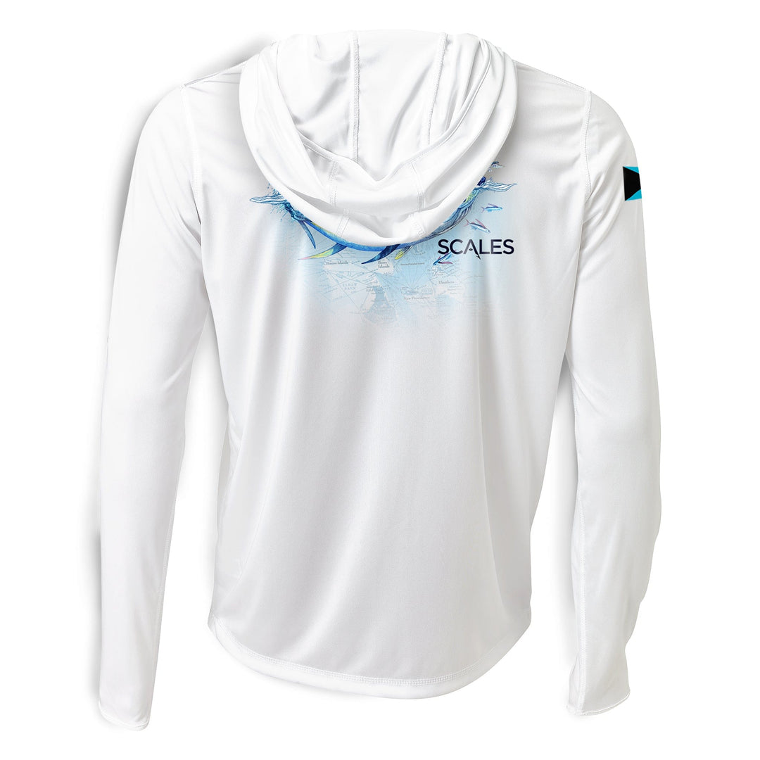 White Scalesgear Tuna Frenzy hooded long sleeve performance shirt with a hood and long sleeves, designed for active wear.
